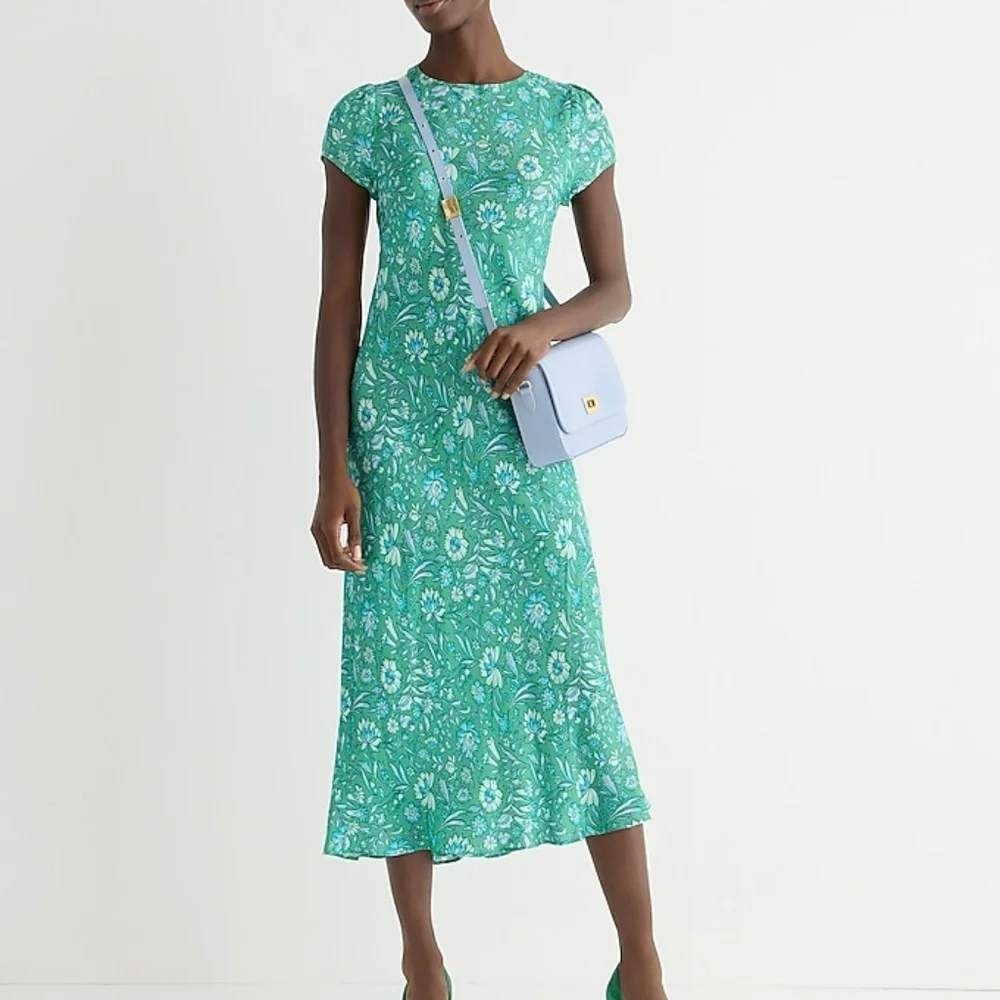 J.Crew Gwyneth Green Blue Floral Cupro Viscose Midi Dress Puff Sleeve Size 6